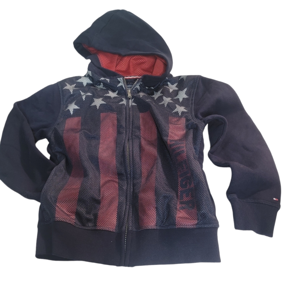 TOMMY HILFIGER BIG KIDS STARS STRIPES HOODIE size 7 blue red white.
